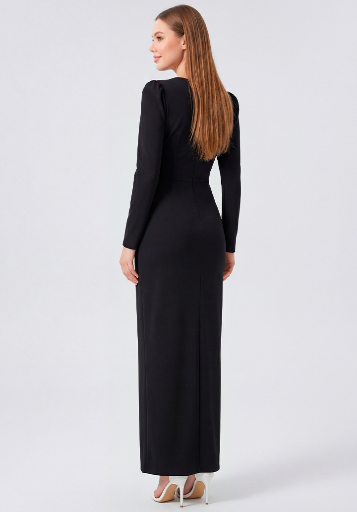 Siyah Uzun Kollu Özel Tasarım Yanları Taş Detaylı Yırtmaçlı Abiye Elbise - 5