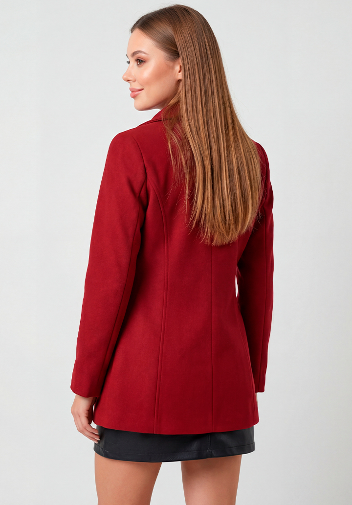Kadın Bordo Dik Yaka Düğmeli Astarsız Kaşe Kaban - 5