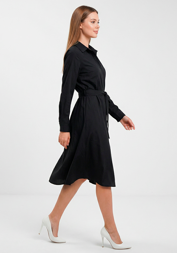 Siyah Trikoton Kumaş Kuşaklı Önden Düğmeli Midi Boy Gömlek Elbise - 5