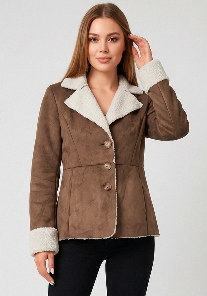 Kadın Kahverengi İçi Peluş Belden Oturtmalı Şık Süet Mont Ceket - 5
