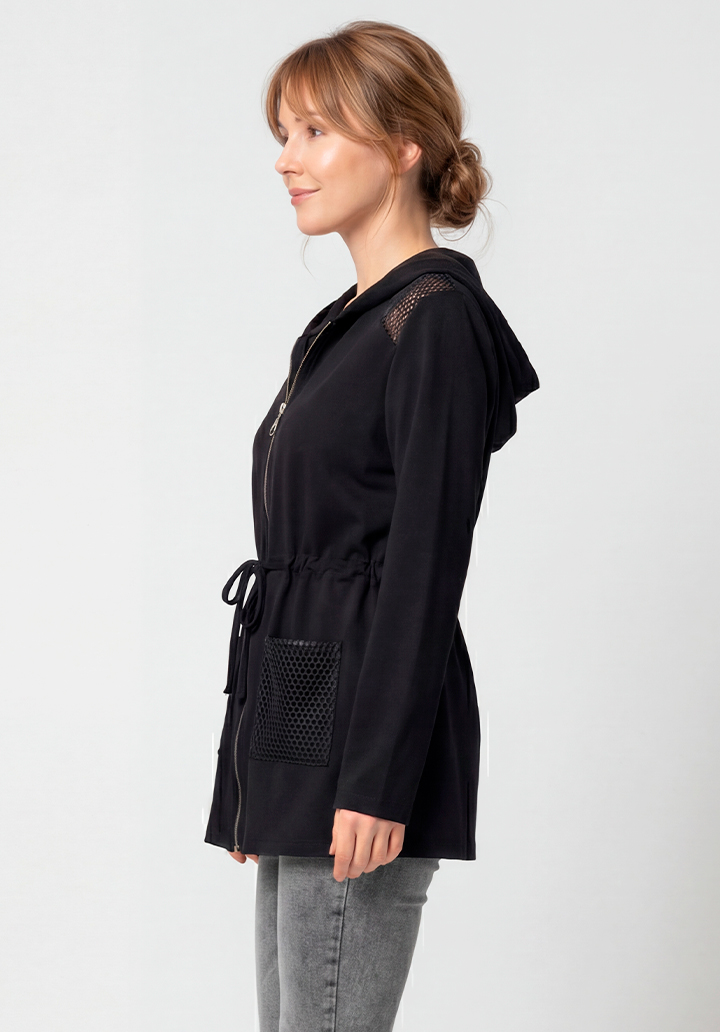 Kadın Siyah File Detaylı Kapüşonlu Fermuarlı Ceket Belden Büzgülü Mevsimlik Ceket - 5