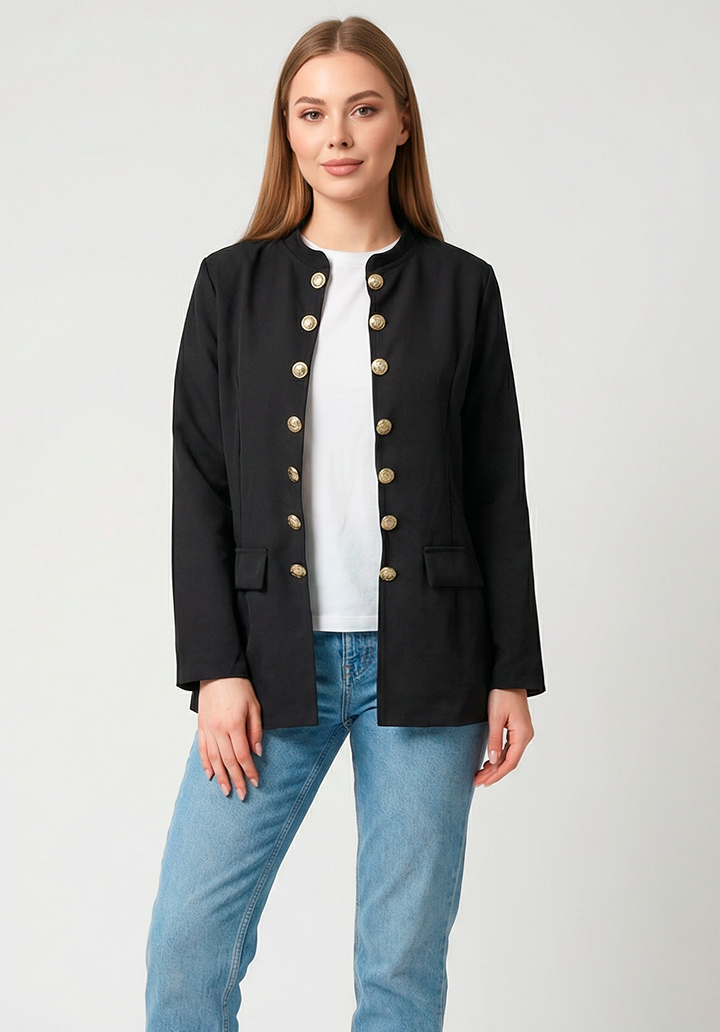Kadın Gold Düğme Detaylı Hakim Yaka Şık Atlas Ceket - 5