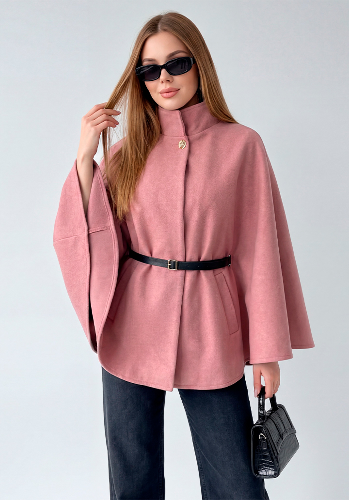 Yarım Kollu Kemerli Dik Yaka Kısa Kaşe Panço - 5