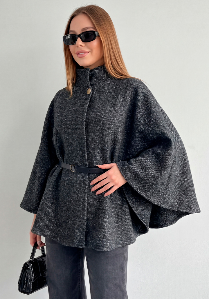 Yarım Kollu Kemerli Dik Yaka Kısa Kaşe Panço - 5