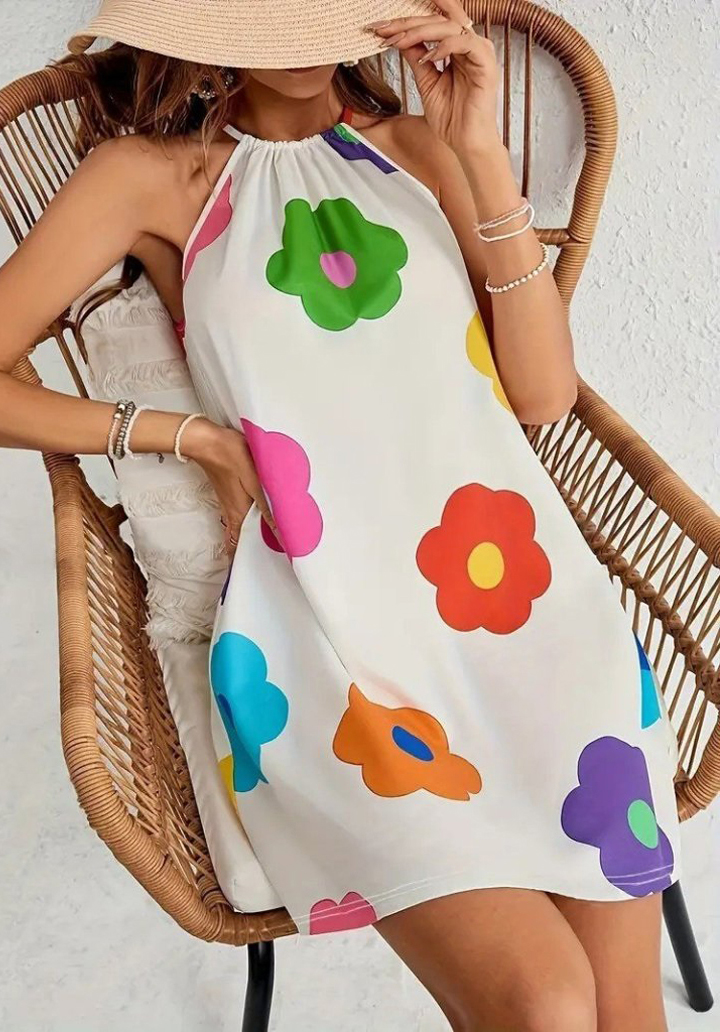 Kadın Boyundan Askılı Kolsuz Çiçek Desenli Süprem Elbise - 5