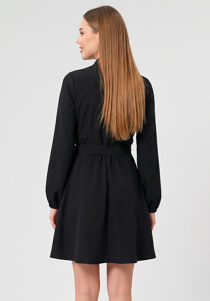 Kadın Belden Bağlamalı Toka Detaylı Krep Kumaş Mini Kloş Elbise - 5