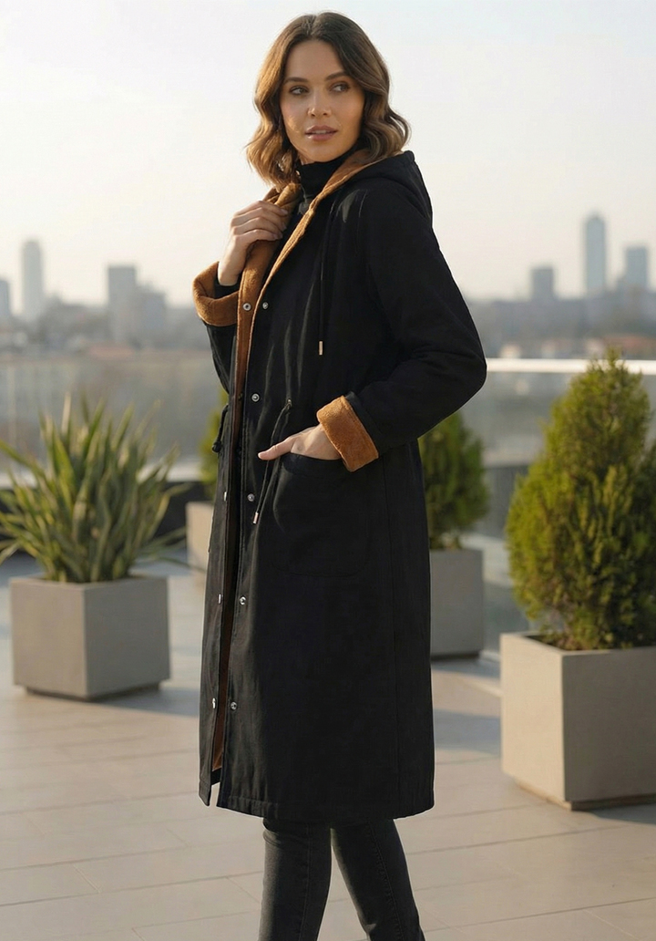 Kapüşonlu İçi Kaşe Su Geçirmez Mikro Kumaş Midi Boy Mont - 5