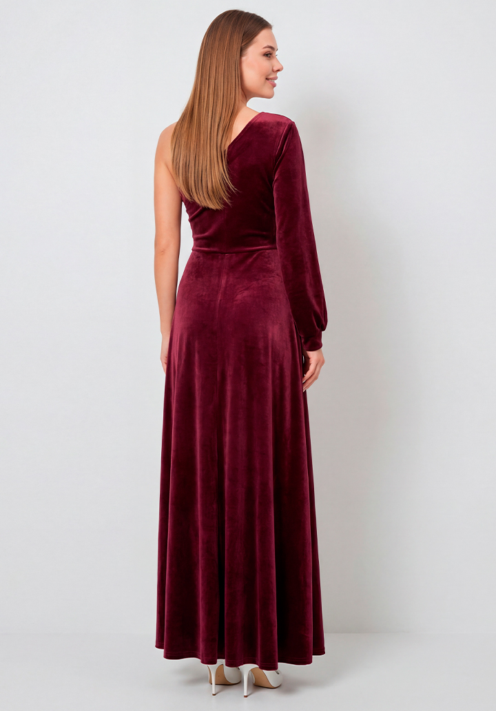 Tek Omuz Dekolteli Uzun Kadife Gece Elbisesi - 5