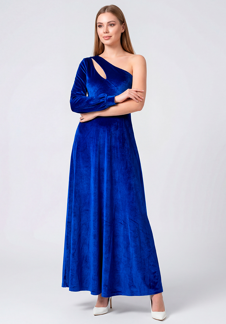 Tek Omuz Dekolteli Uzun Kadife Gece Elbisesi - 5