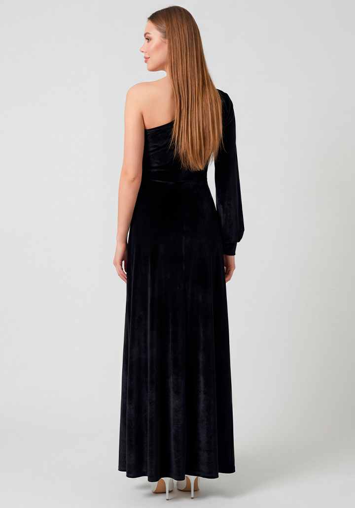 Tek Omuz Dekolteli Uzun Kadife Gece Elbisesi - 5