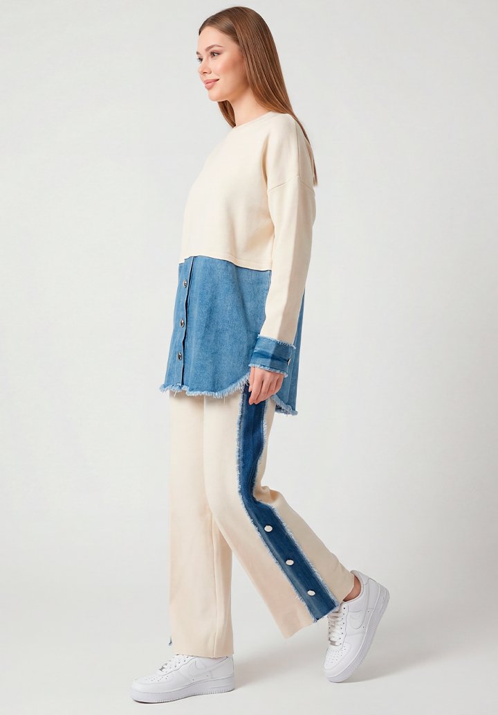 Kot Garnili Yanları Düğme Detaylı Triko Pantolon Tunik İkili Takım - 5