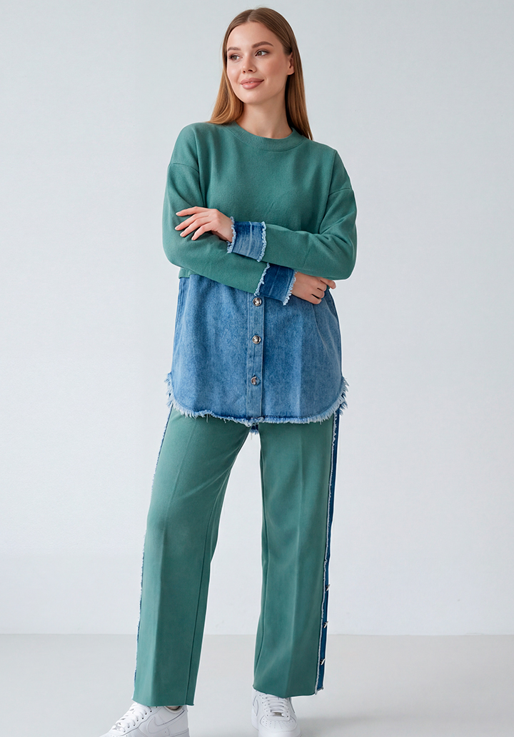 Kot Garnili Yanları Düğme Detaylı Triko Pantolon Tunik İkili Takım - 5