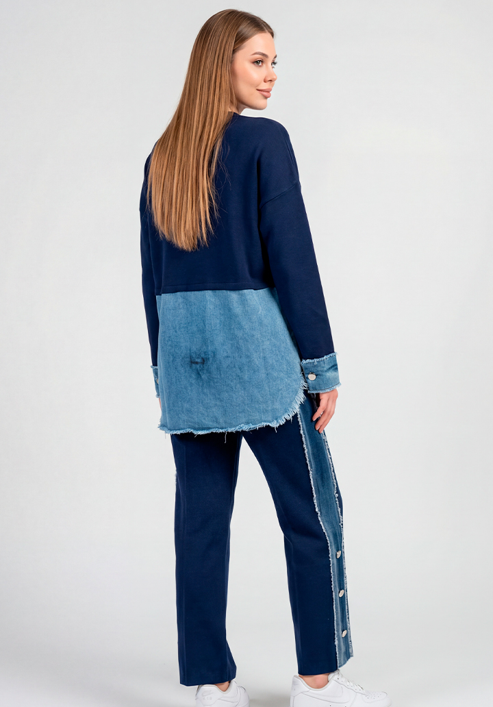 Kot Garnili Yanları Düğme Detaylı Triko Pantolon Tunik İkili Takım - 5