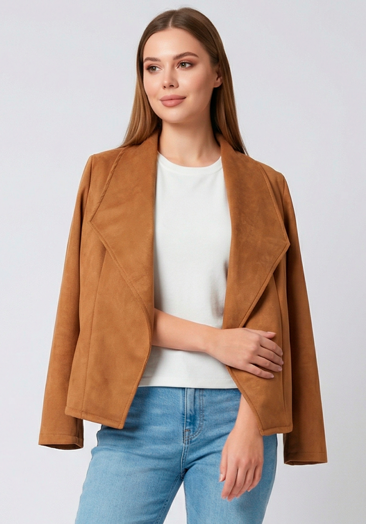 Kadın Uzun Kollu Önü Açık Yakalı Süet Ceket - 5