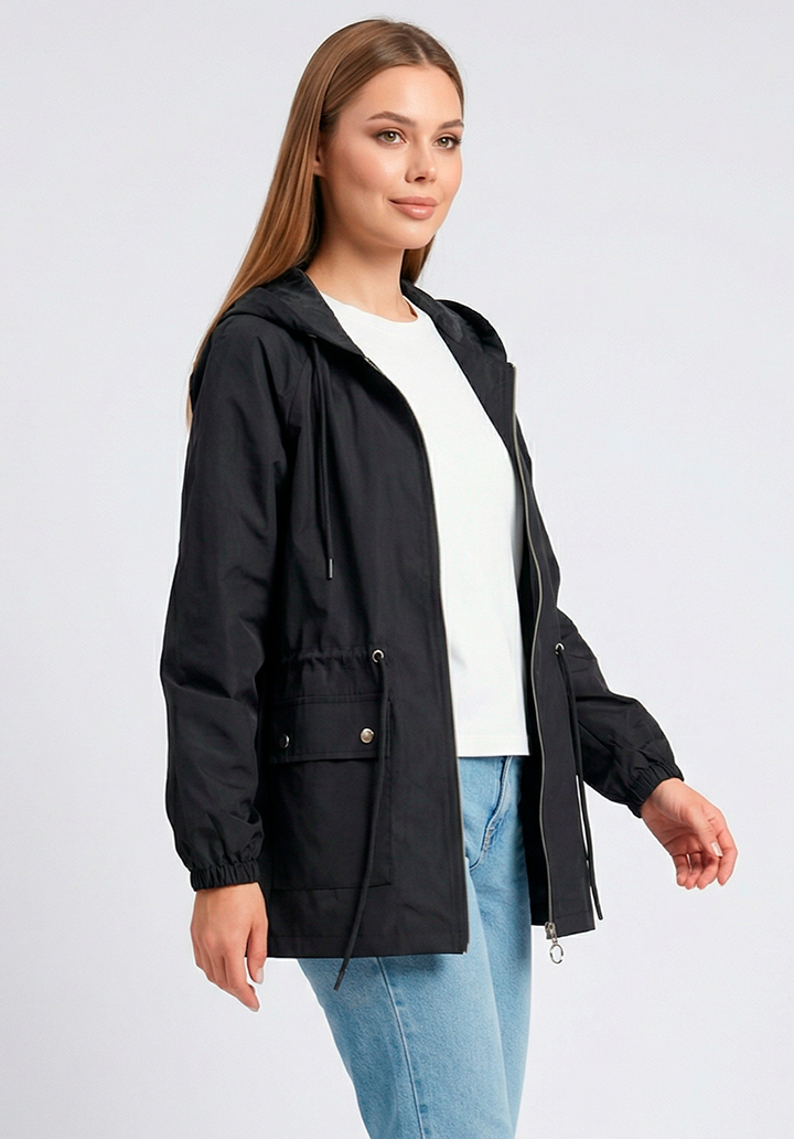 Kadın Siyah Kapüşonlu Fermuarlı Cepli Yağmurluk Rüzgarlık - 5