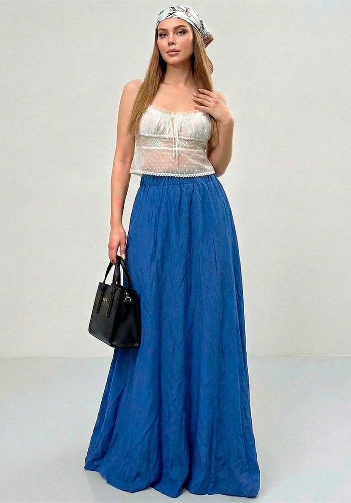 Kadın Astarlı Trikoton Kumaş Maksi Boy Yüksek Bel Salaş Kesim Etek  - 5