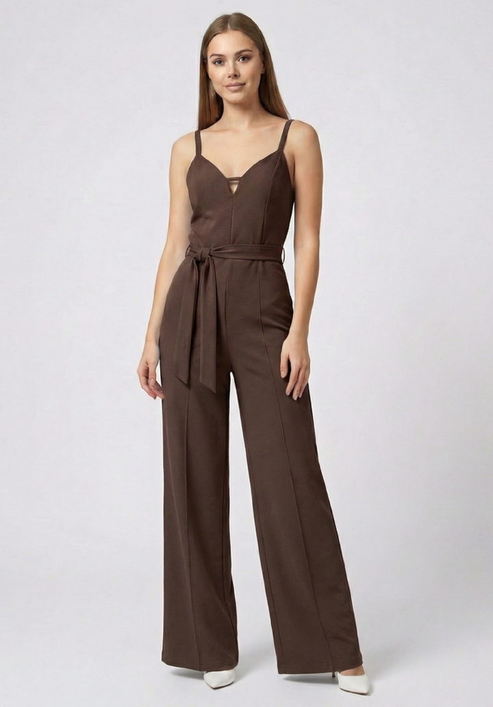 Kadın İnce Askılı V Yaka Kuşaklı Göğüs Dekolte Detaylı Geniş Paça Tulum - 5