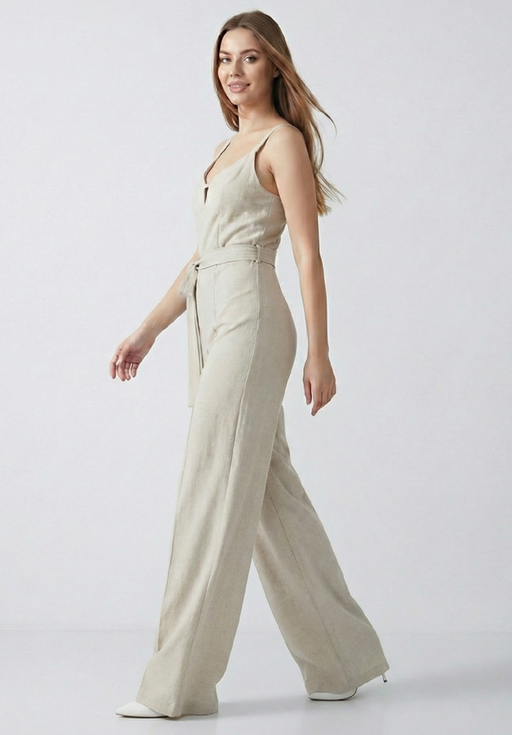 Kadın İnce Askılı V Yaka Kuşaklı Göğüs Dekolte Detaylı Geniş Paça Tulum - 5