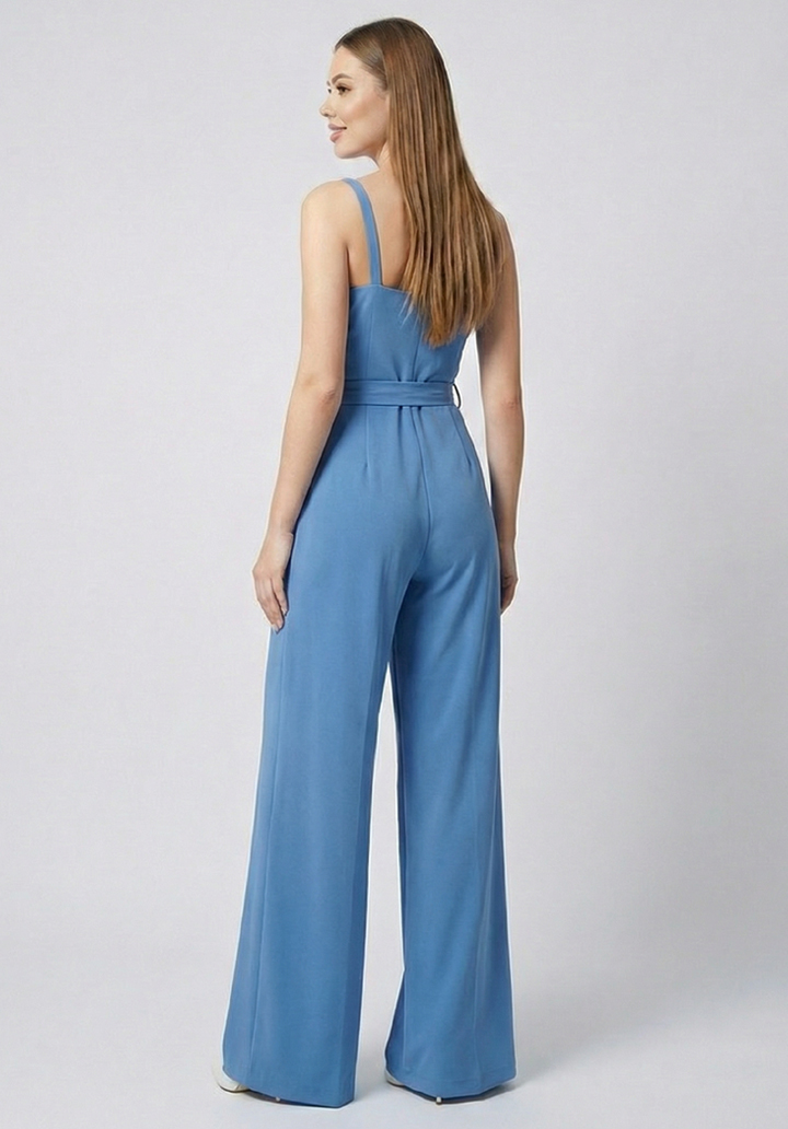 Kadın İnce Askılı V Yaka Kuşaklı Göğüs Dekolte Detaylı Geniş Paça Tulum - 5