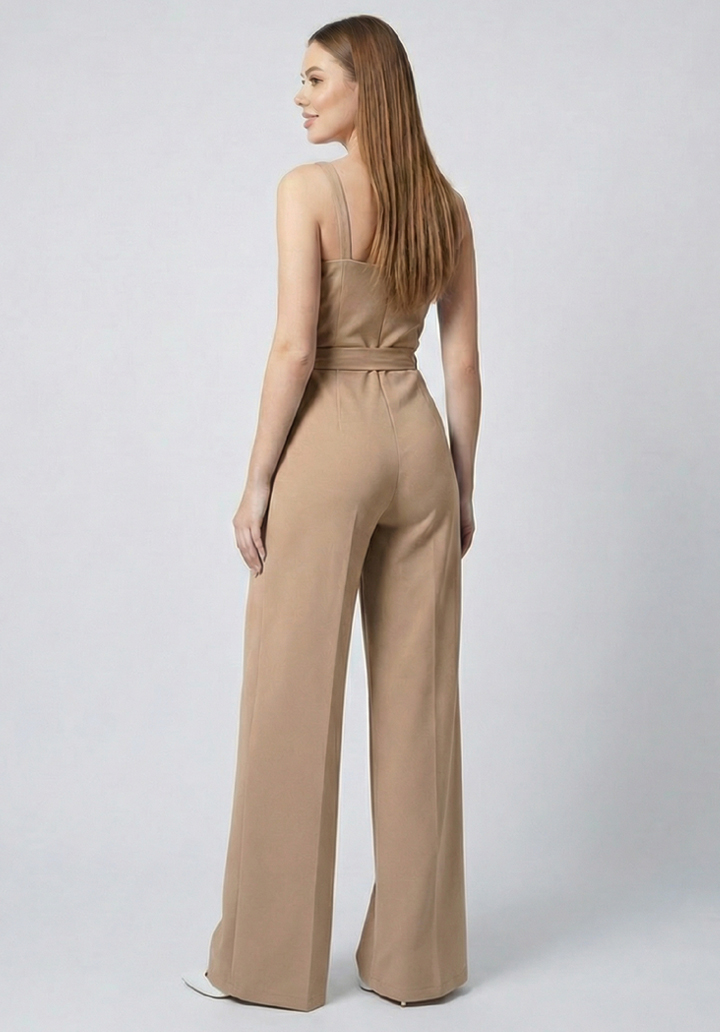 Kadın İnce Askılı V Yaka Kuşaklı Göğüs Dekolte Detaylı Geniş Paça Tulum - 5