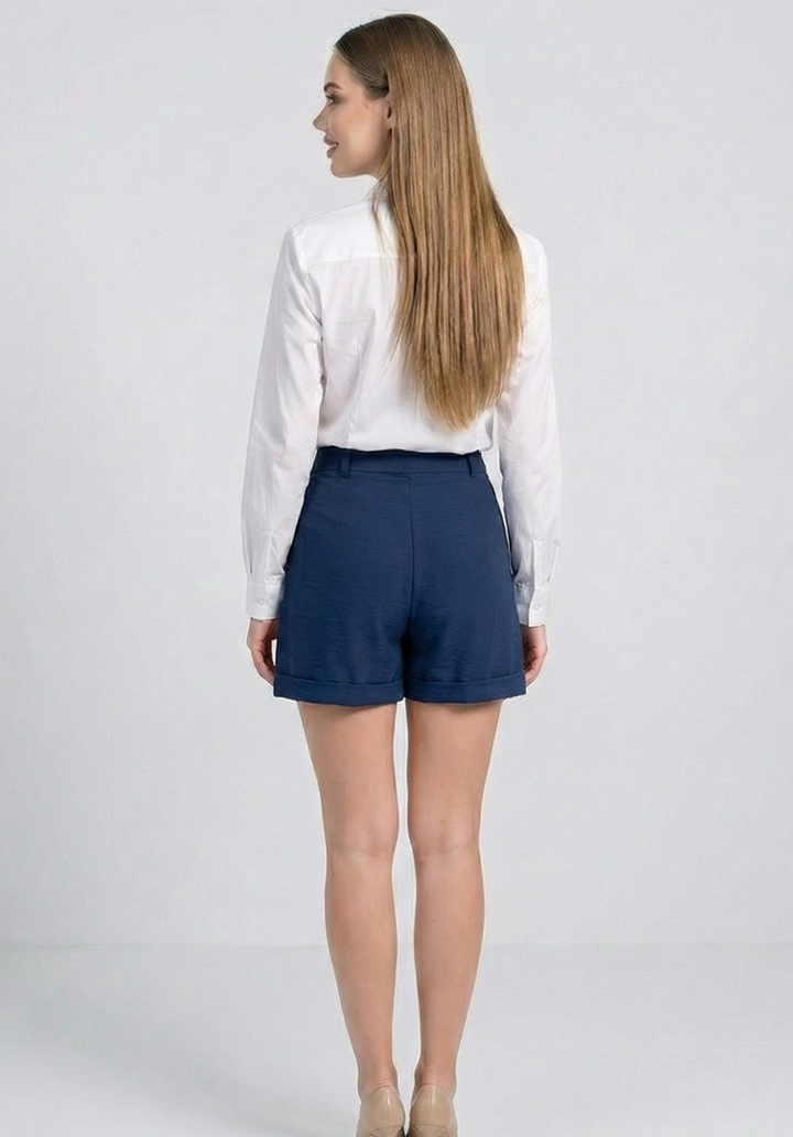 Kadın Lacivert Keten Karışımlı Yüksek Bel Duble Paça Şort - 5