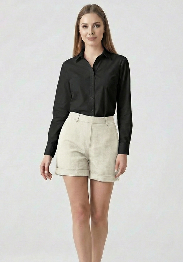 Kadın Bej Keten Karışımlı Yüksek Bel Duble Paça Şort - 5