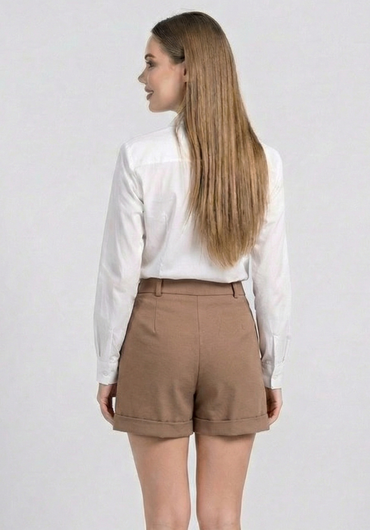 Kadın Kahverengi Keten Karışımlı Yüksek Bel Duble Paça Şort - 5