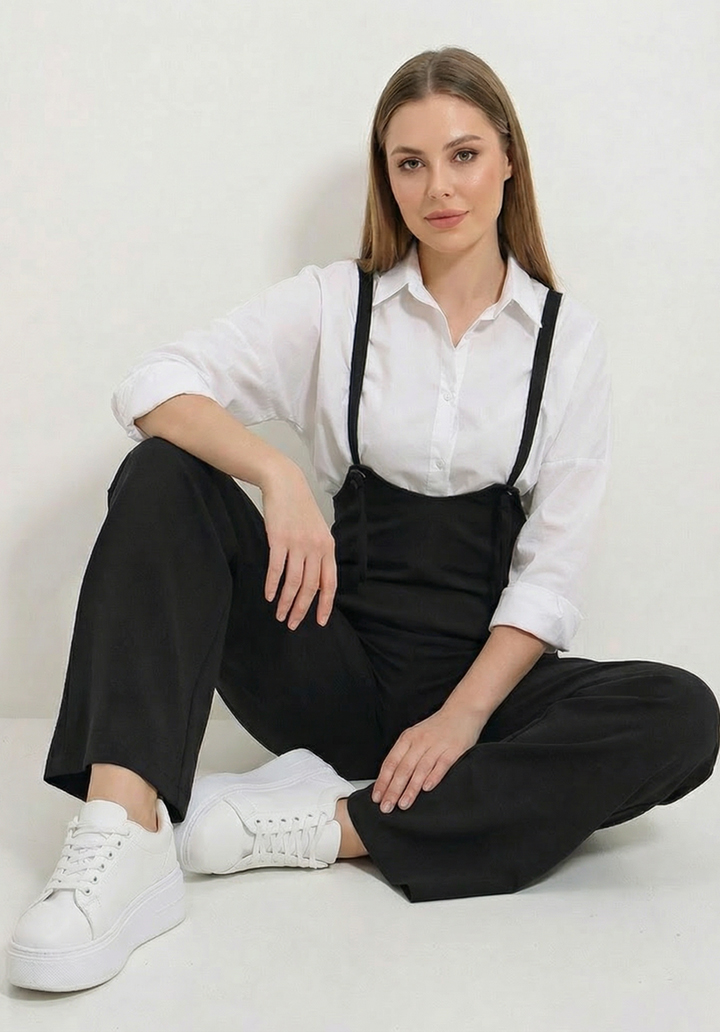 Kadın Siyah Likralı Double Krep Cepli Askılı Salopet Tulum - 5