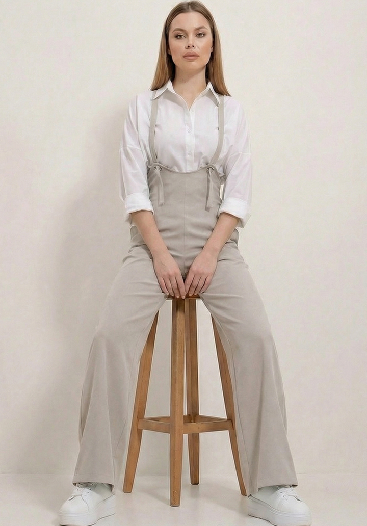 Kadın Gri Likralı Double Krep Cepli Askılı Salopet Tulum - 5