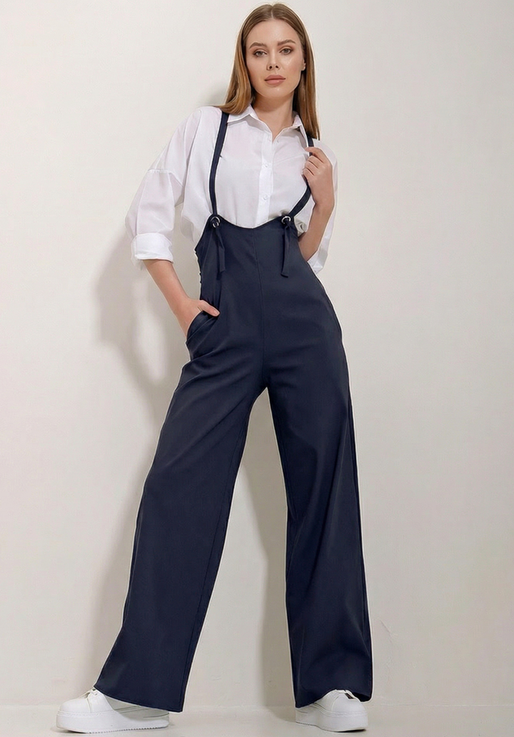 Kadın Lacivert Likralı Double Krep Cepli Askılı Salopet Tulum - 5