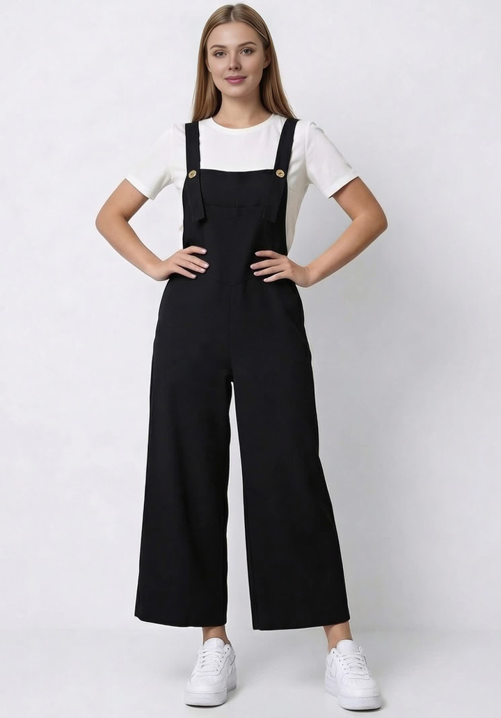 Kadın Geniş Paça Keten Görünümlü Bahçıvan Askılı Rahat Kesim Salopet Tulum - 5