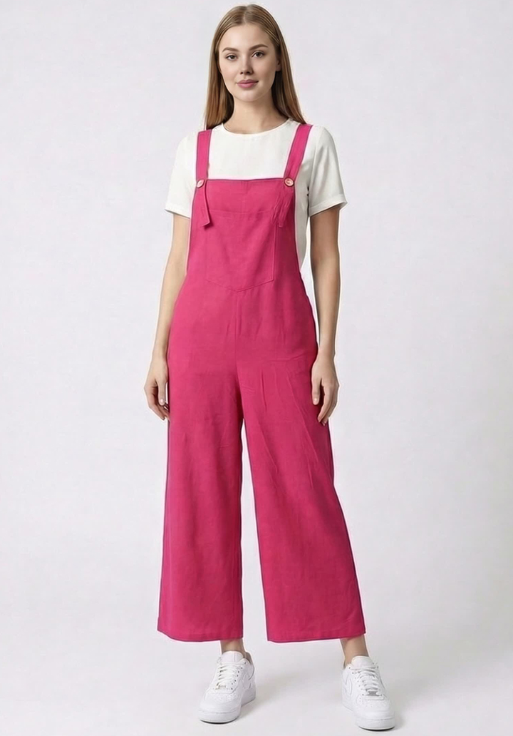 Kadın Geniş Paça Keten Görünümlü Bahçıvan Askılı Rahat Kesim Salopet Tulum - 5