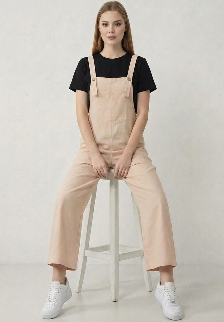 Kadın Geniş Paça Keten Görünümlü Bahçıvan Askılı Rahat Kesim Salopet Tulum - 5