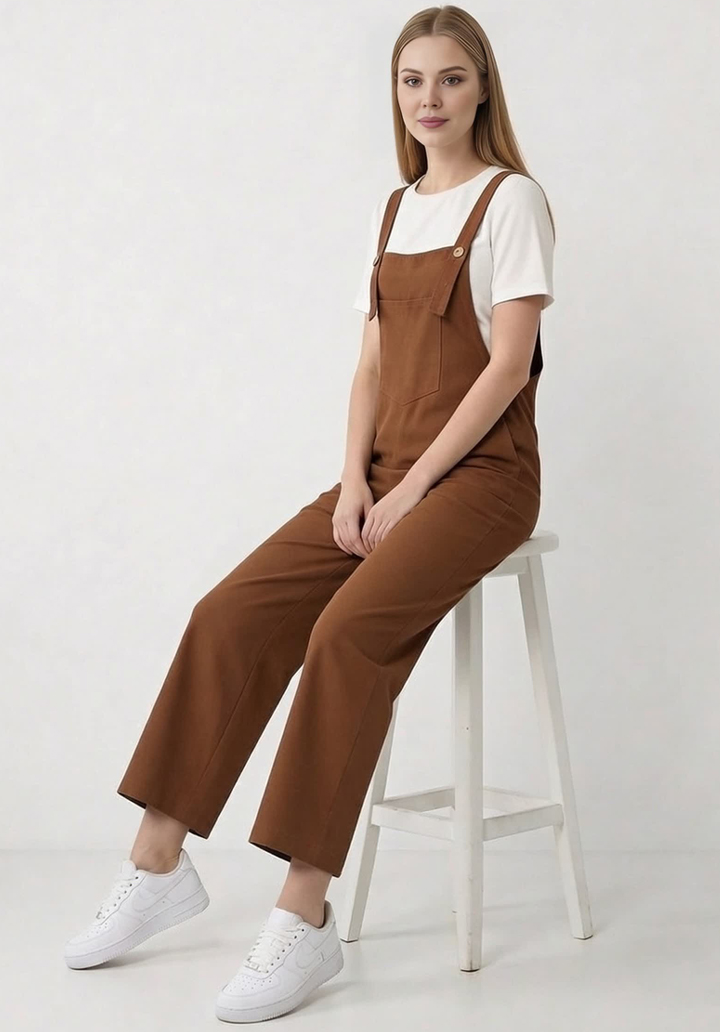 Kadın Geniş Paça Keten Görünümlü Bahçıvan Askılı Rahat Kesim Salopet Tulum - 5