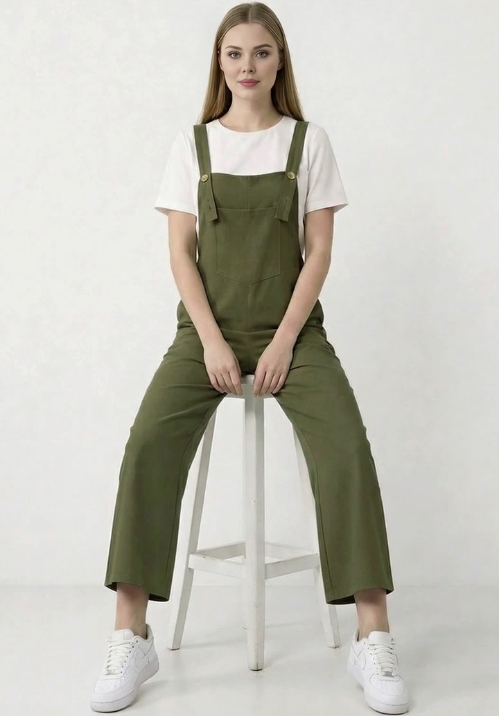 Kadın Geniş Paça Keten Görünümlü Bahçıvan Askılı Rahat Kesim Salopet Tulum - 5