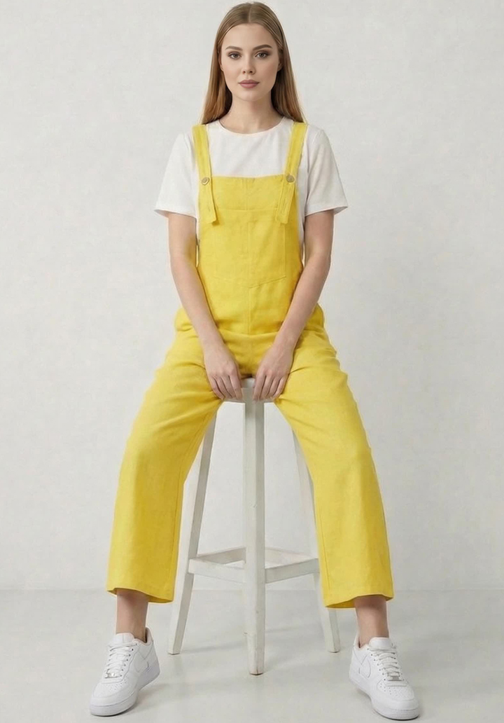 Kadın Geniş Paça Keten Görünümlü Bahçıvan Askılı Rahat Kesim Salopet Tulum - 5