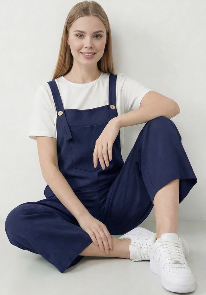 Kadın Geniş Paça Keten Görünümlü Bahçıvan Askılı Rahat Kesim Salopet Tulum - 5