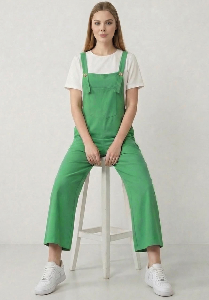 Kadın Geniş Paça Keten Görünümlü Bahçıvan Askılı Rahat Kesim Salopet Tulum - 5