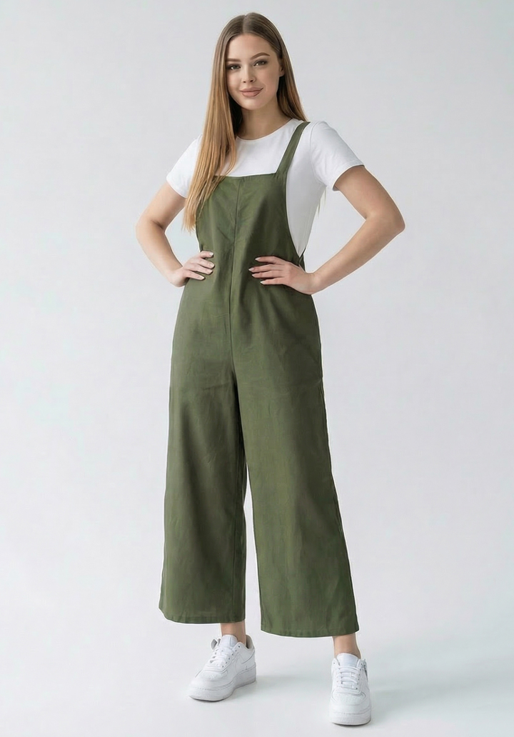 Kadın Siyah Keten Karışımlı Cepli Arkadan Bağlamalı Askılı Tulum - 5