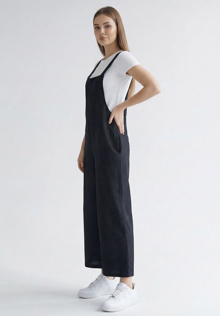 Kadın Siyah Keten Karışımlı Cepli Arkadan Bağlamalı Askılı Tulum - 5