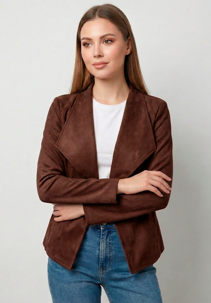Kadın Uzun Kollu Önü Açık Yakalı Süet Ceket - 5
