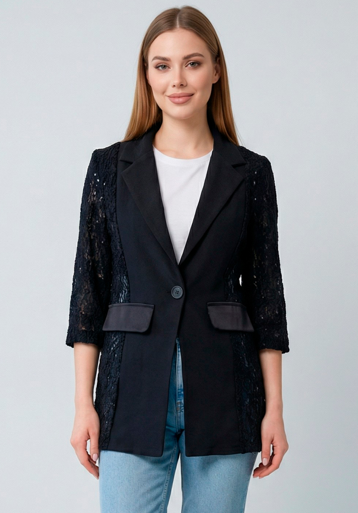 Kadın Siyah Kolu Dantelli Blazer Ceket - 5
